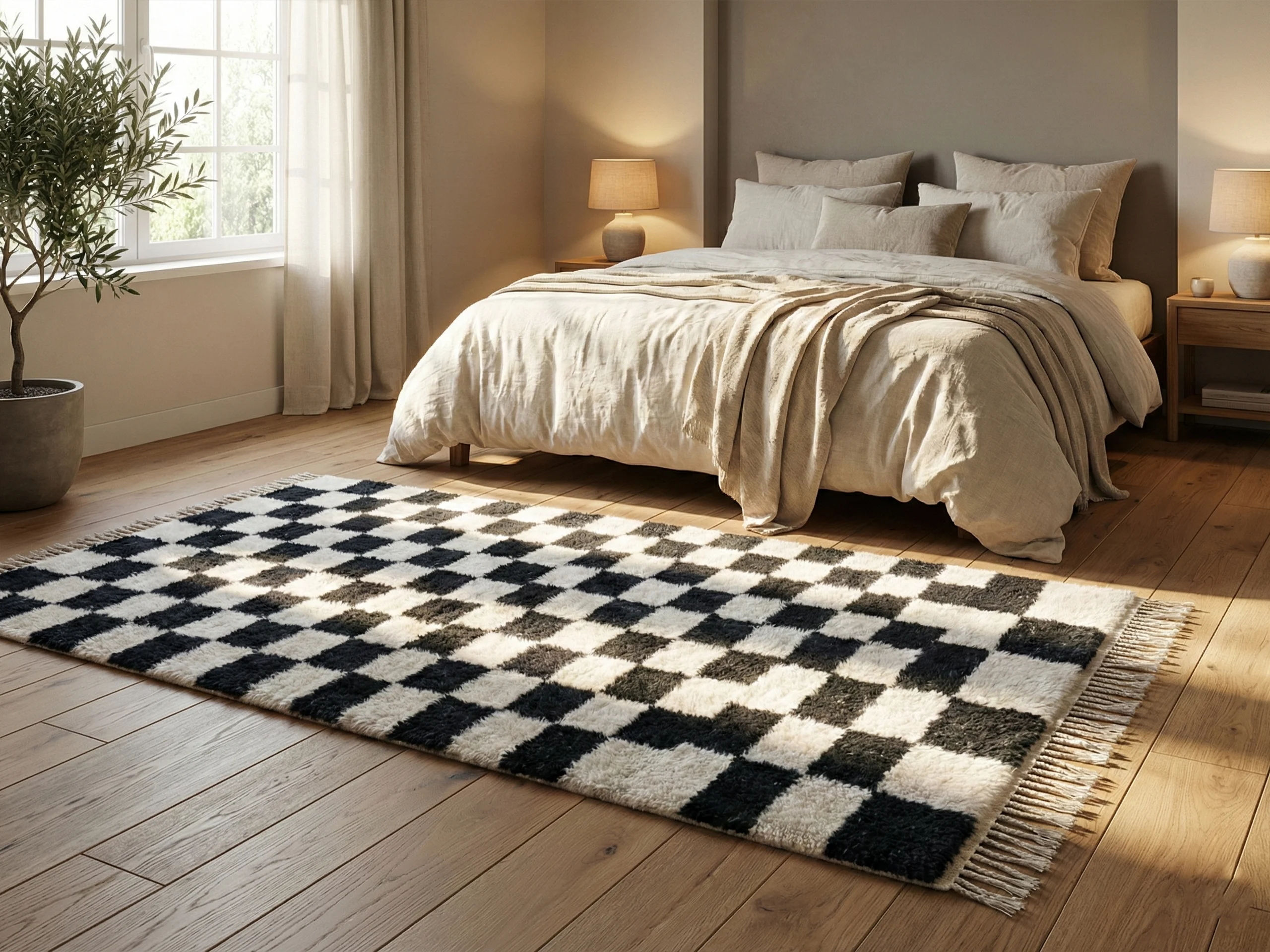 Black and ivory checkered rug on a wood floor at the foot of a bed with cream linen bedding.