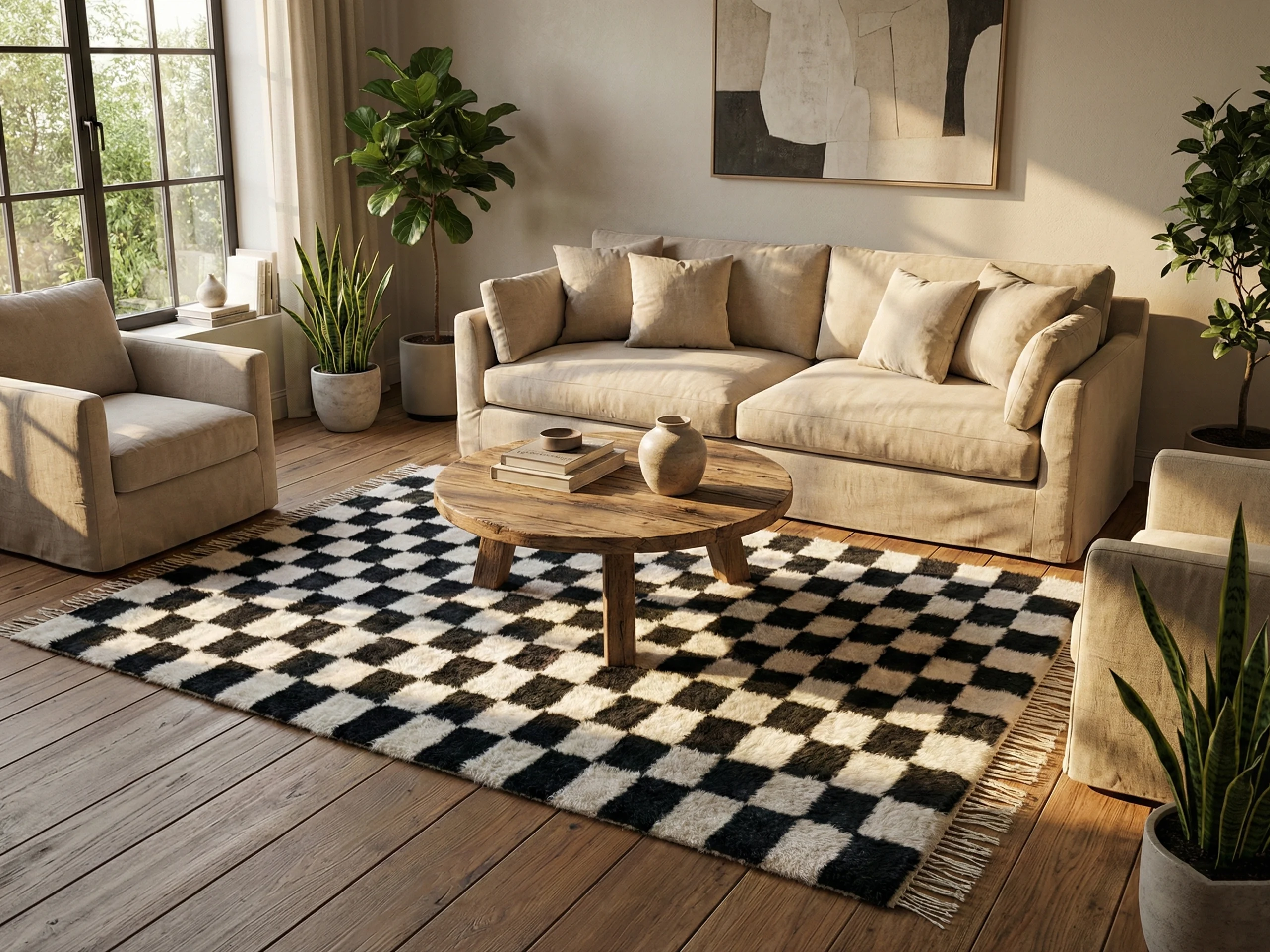 Black and ivory checkered rug in a living room with a cream sofa and a round wood coffee table.
