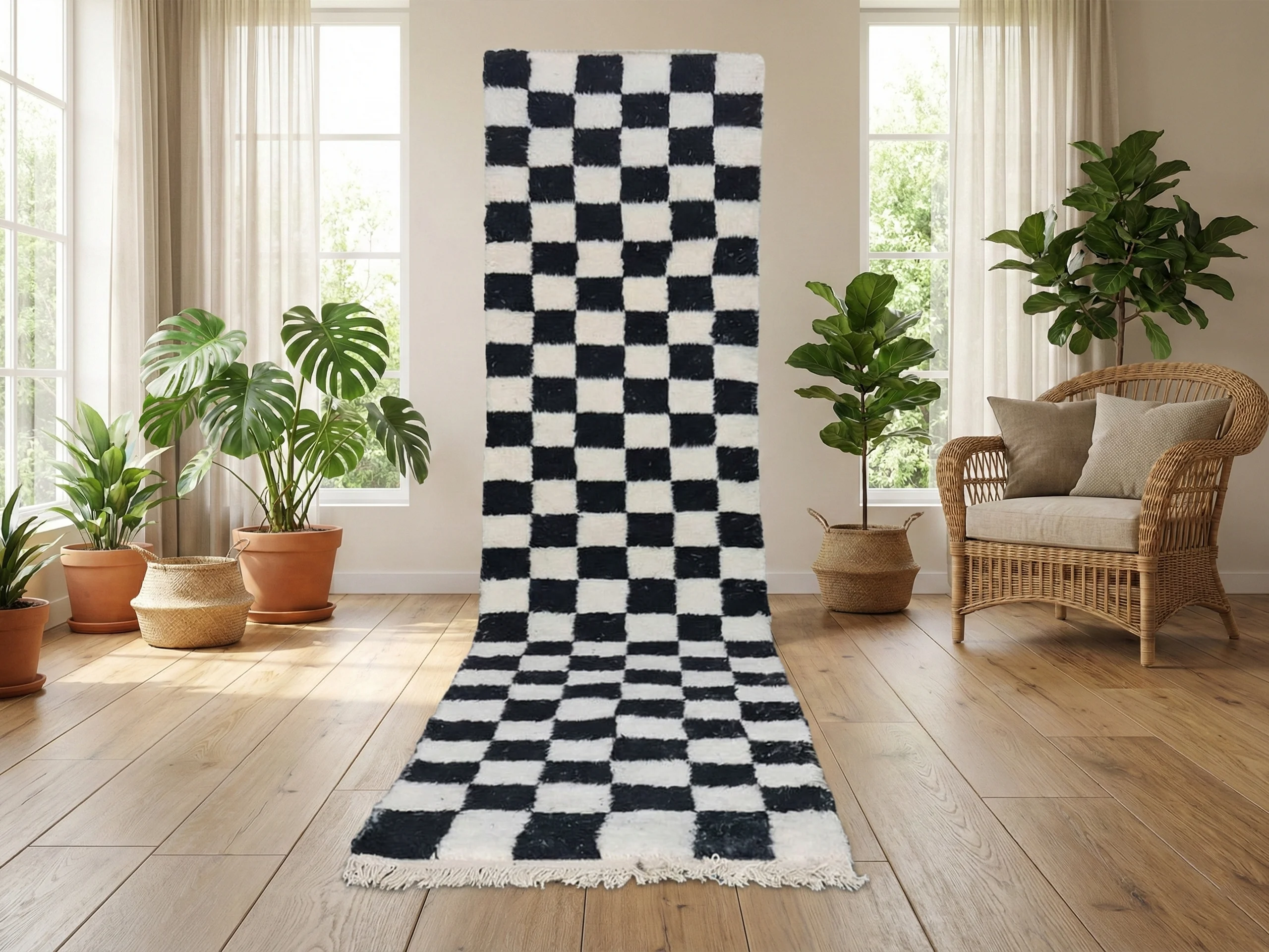 Black and ivory checkered runner hung in front of windows, with potted plants and a rattan armchair.