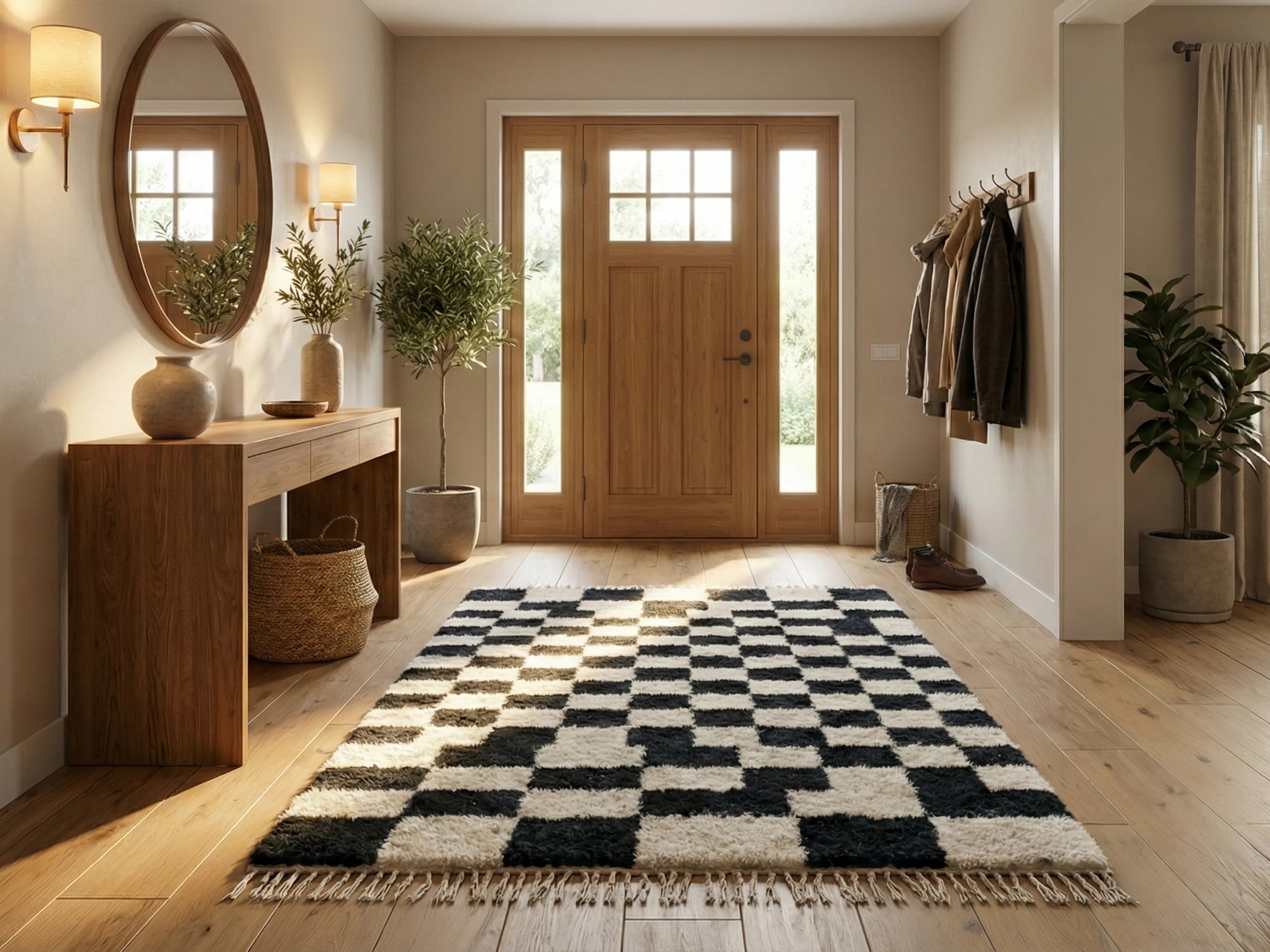 Black and ivory checkered rug in an entryway with a wood front door, a console and a round mirror.