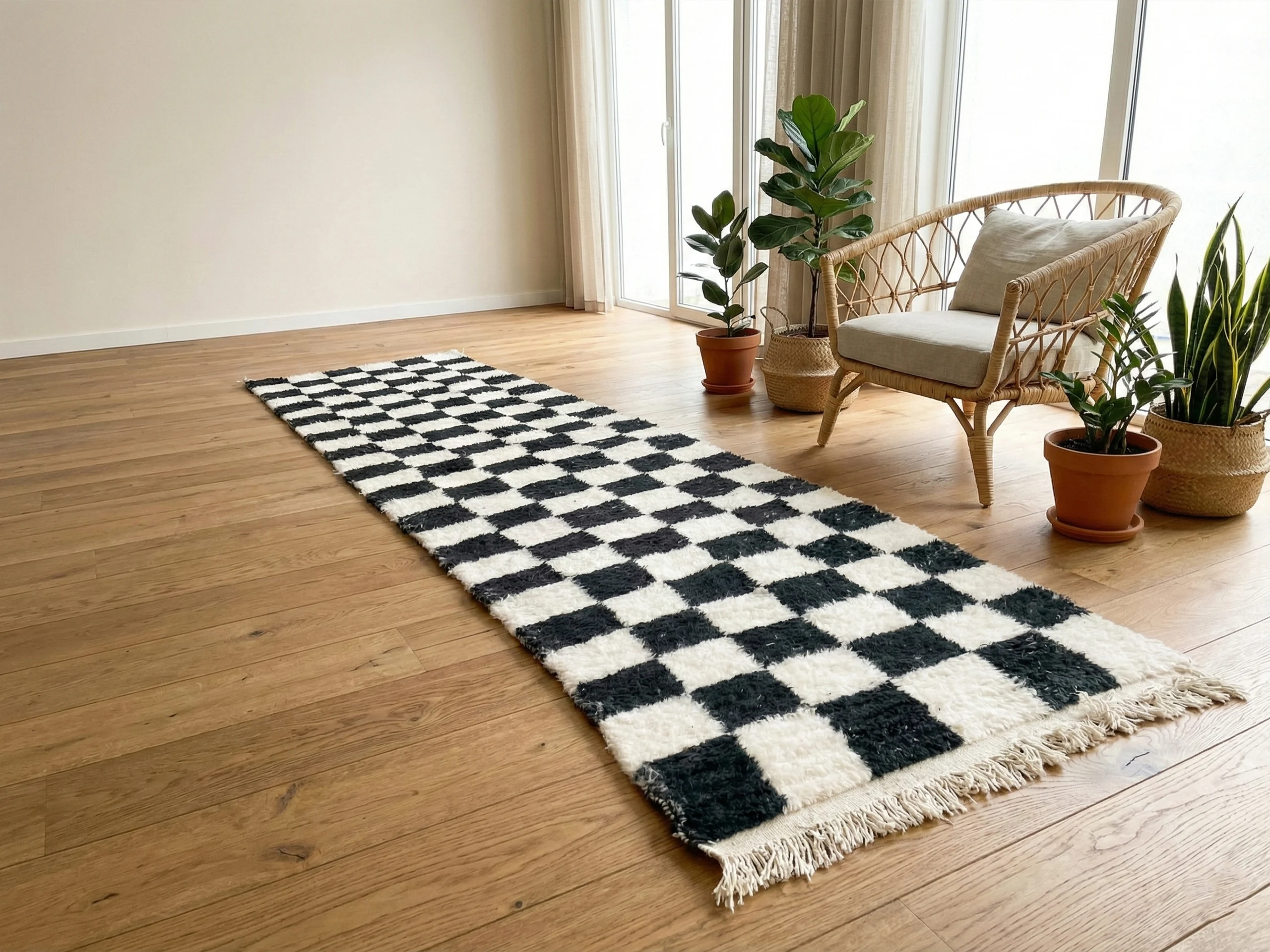 Black and ivory checkered runner on a wood floor in a bright room with a rattan chair and plants.