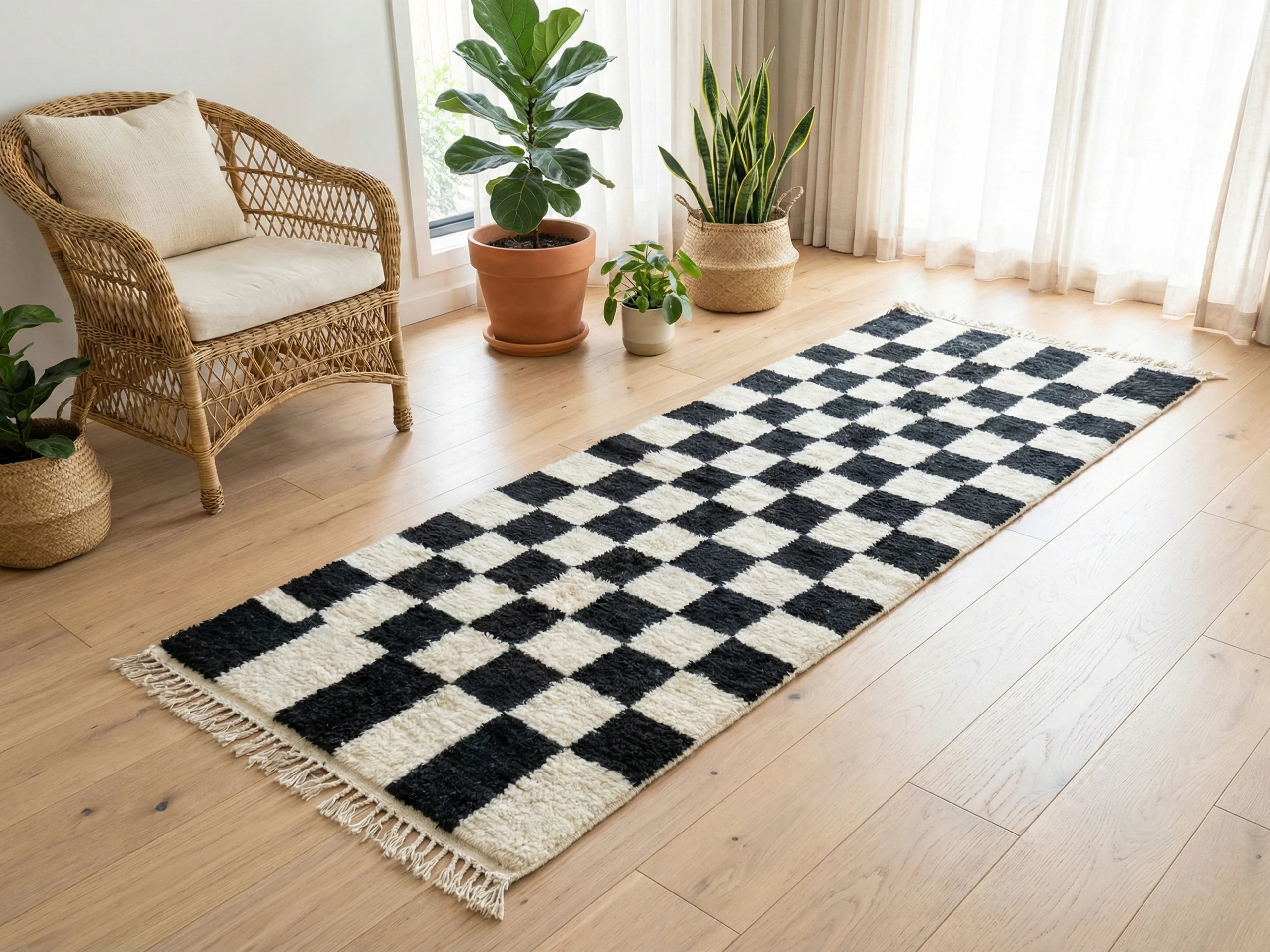 Angled view of the black and ivory checkered runner on a wood floor beside a rattan armchair and plants.