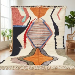 Tazrirt Moroccan Area Rug – Ivory with Orange & Striped Abstract Shapes – Handmade Wool