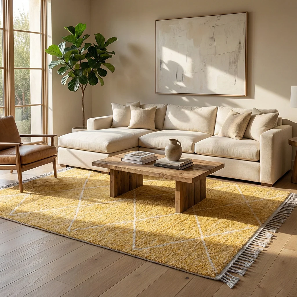 Yellow diamond lattice rug under a wood coffee table in front of a cream sectional sofa.