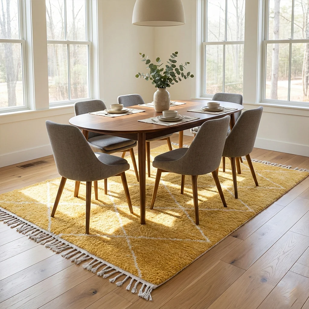 Yellow diamond lattice rug under an oval dining table with gray upholstered chairs.