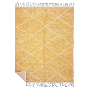 Tazrirt Moroccan Area Rug – Golden Yellow with Ivory Diamond Lattice – Handmade Wool