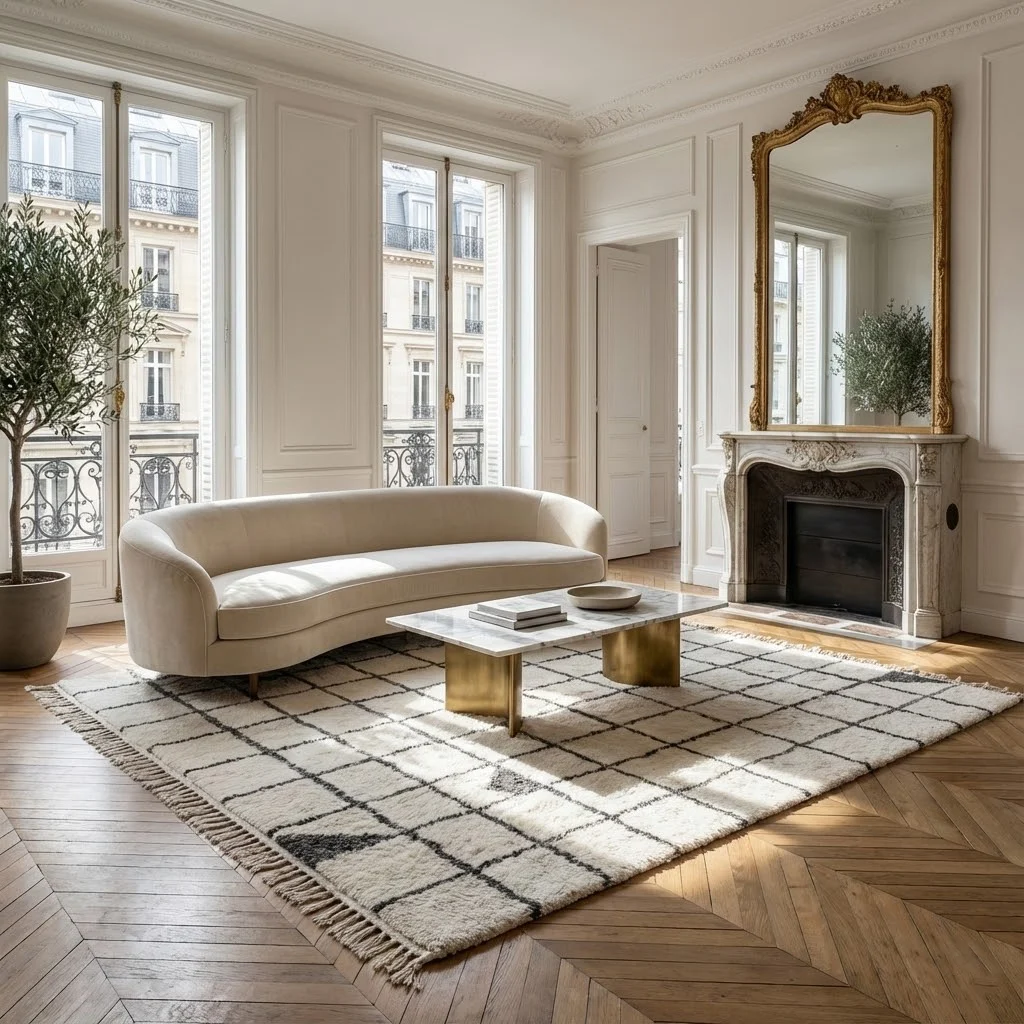 Ivory and charcoal grid rug in a white paneled salon with a curved cream sofa and a gilt mirror.