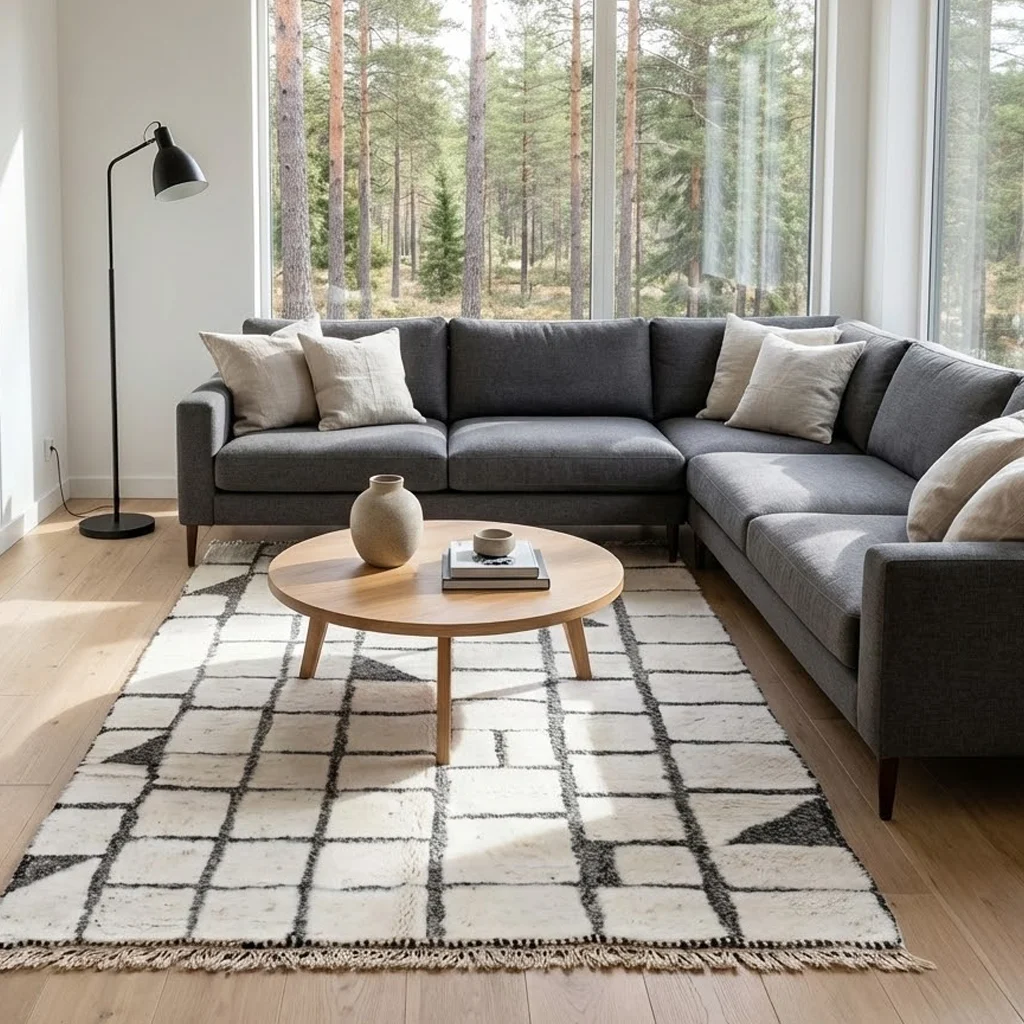 Ivory and charcoal grid rug under a round wood table in front of a charcoal sectional sofa.