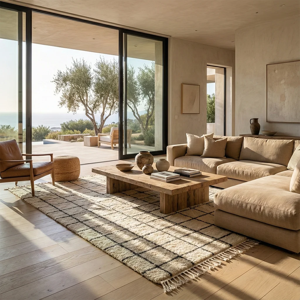 Ivory and charcoal grid rug in a sunlit living room with a tan sectional and sliding glass doors.