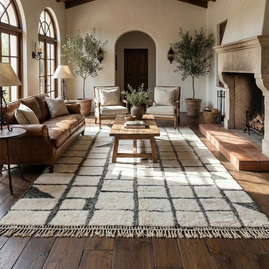 Ivory and charcoal grid rug in a room with arched windows, a leather sofa and a stone fireplace.