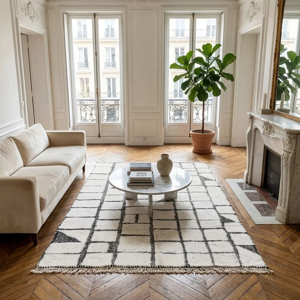 Ivory and charcoal grid rug on herringbone parquet with a cream sofa, a round marble table and a fireplace.