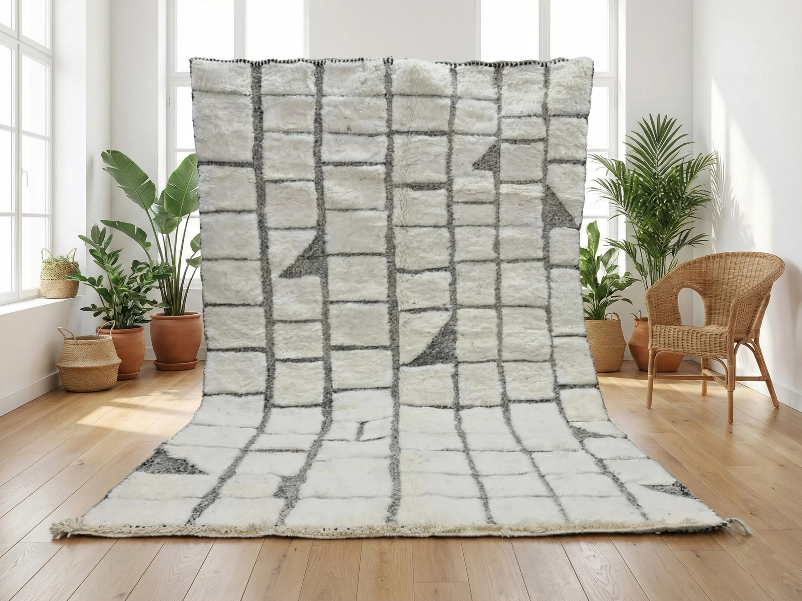 Ivory and charcoal grid rug hung in a bright white room, with plants and a rattan armchair.