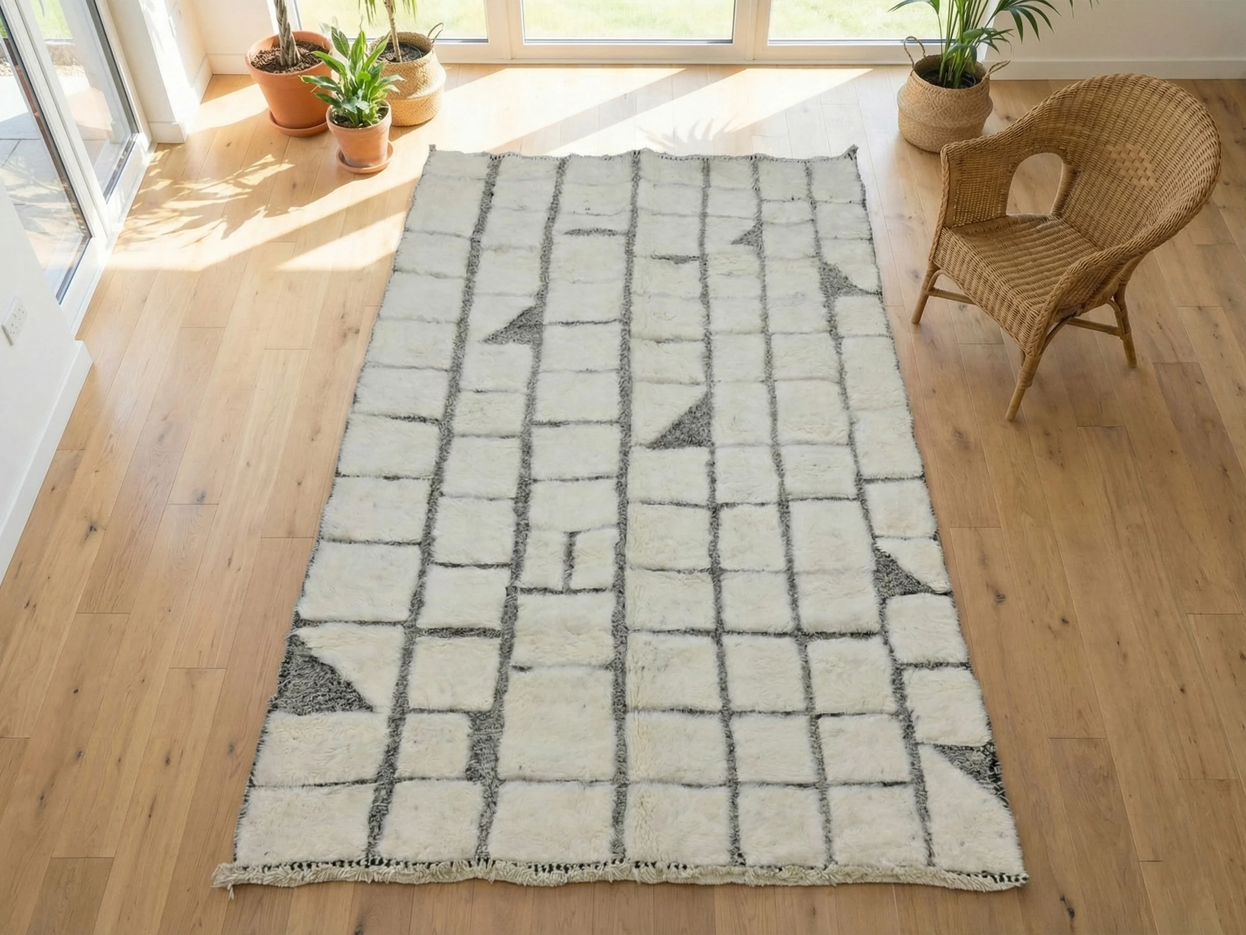 Top view of the ivory and charcoal grid rug on a wood floor beside a wicker armchair.
