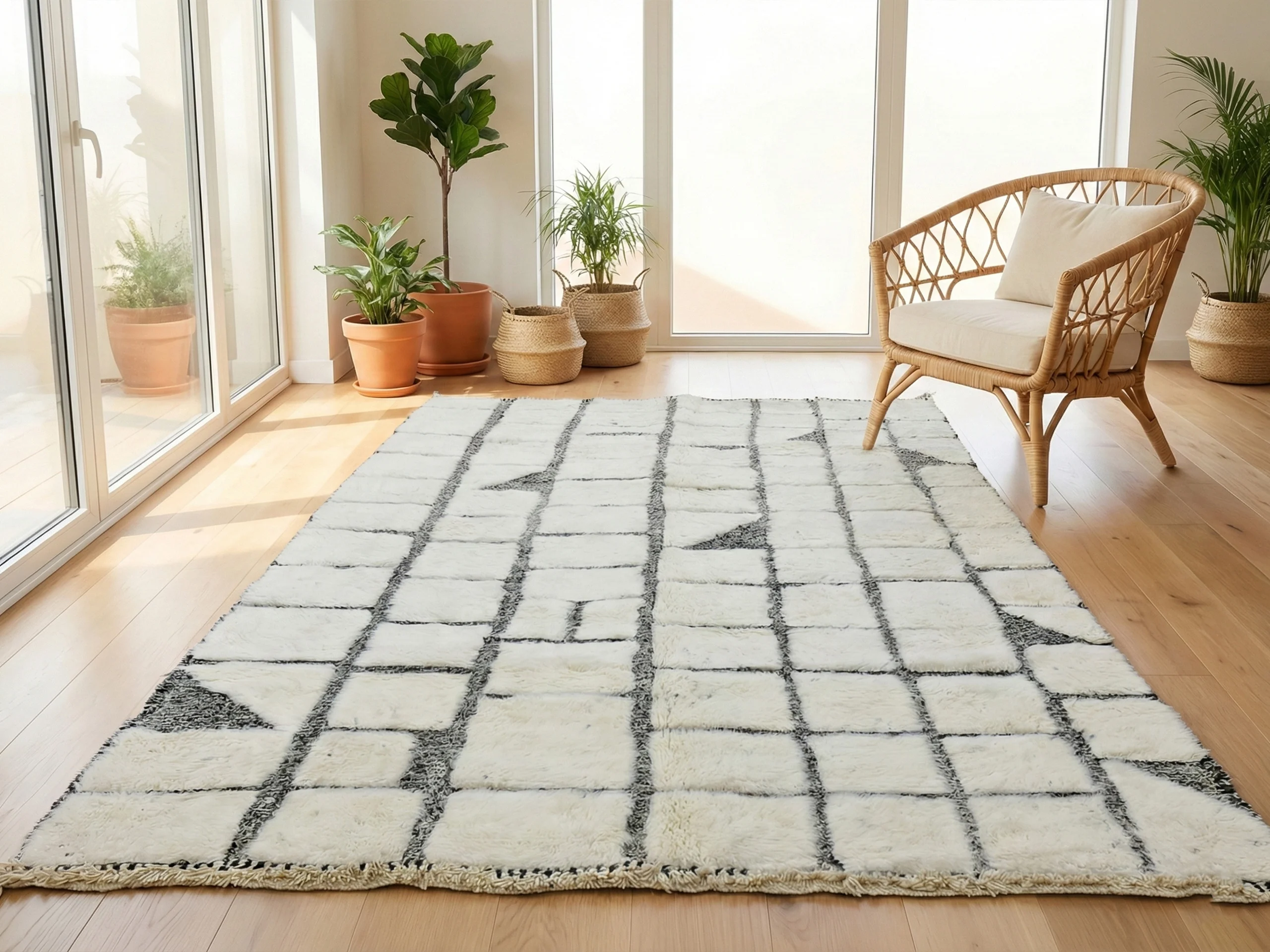 Ivory and charcoal grid rug on a wood floor in a sunroom with plants and a rattan chair.