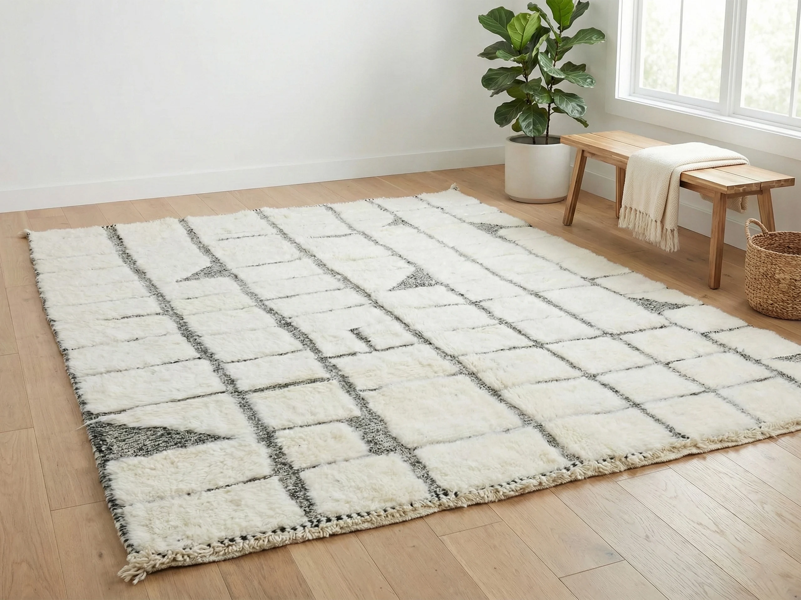 Angled view of the ivory and charcoal grid rug on a wood floor near a bench and a fiddle-leaf fig.