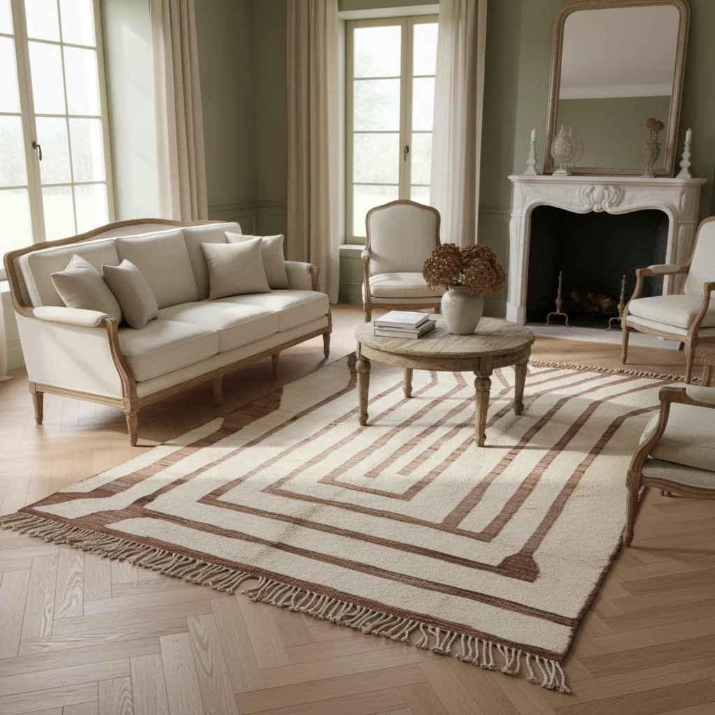 Ivory and terracotta nested-line rug in a sage green salon with a carved cream sofa and a marble fireplace.