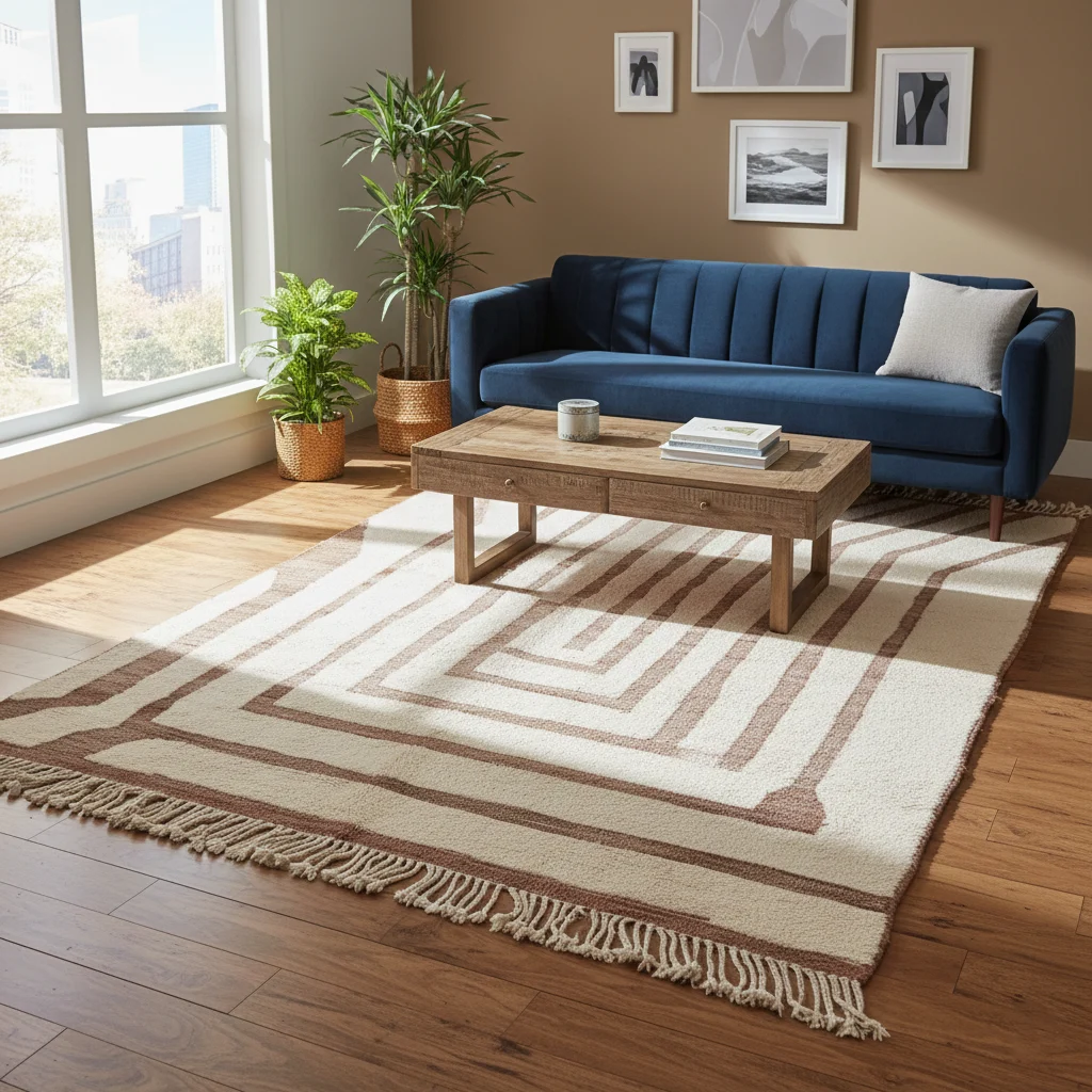 Ivory and terracotta nested-line rug under a wood coffee table in front of a navy blue sofa.