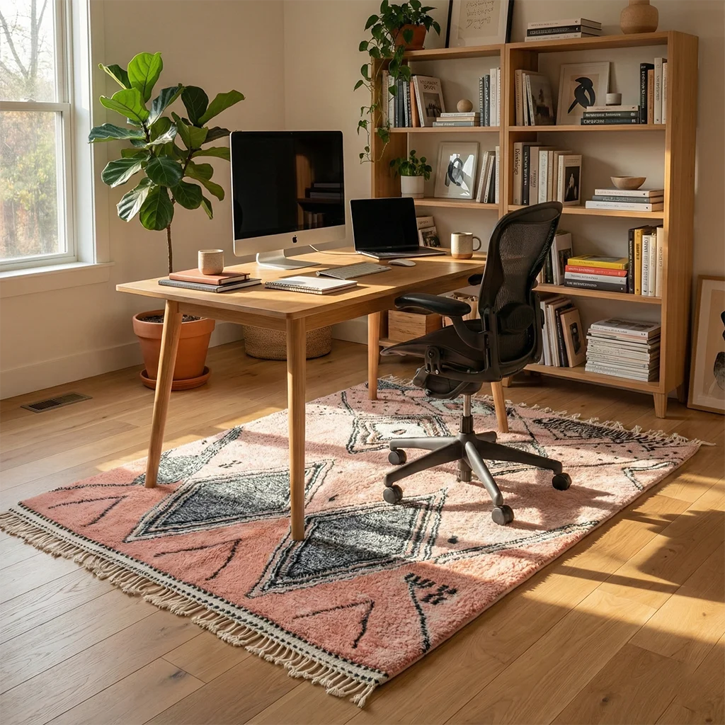 Blush pink rug with charcoal diamonds under a wood desk and office chair in a home office.