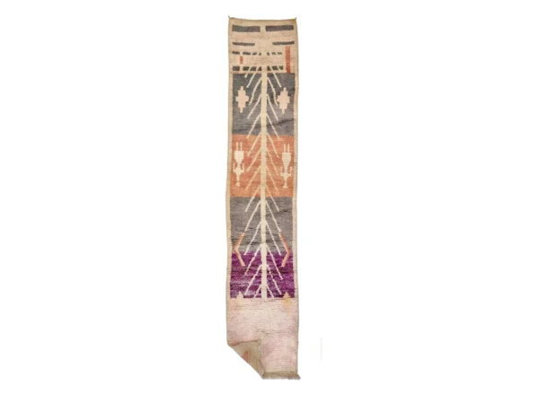 Long narrow wool runner on a white background with bands of gray, coral and plum, a cream central line and a blush pink end.