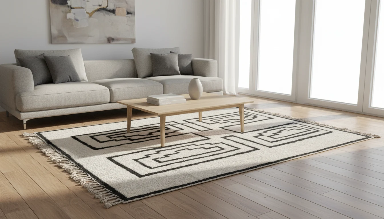 Ivory and black geometric rug under a wood coffee table in front of a pale gray sofa.