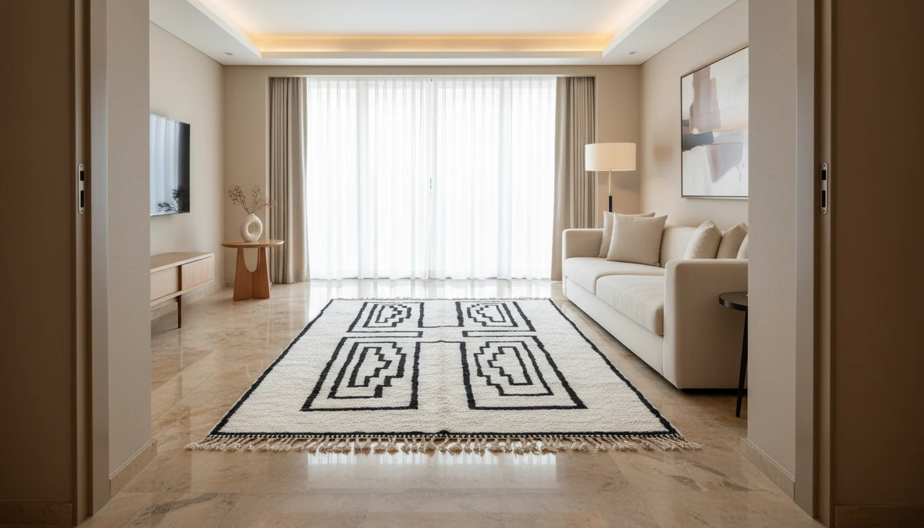 Ivory and black geometric rug seen through a doorway on a polished floor in a neutral living room.