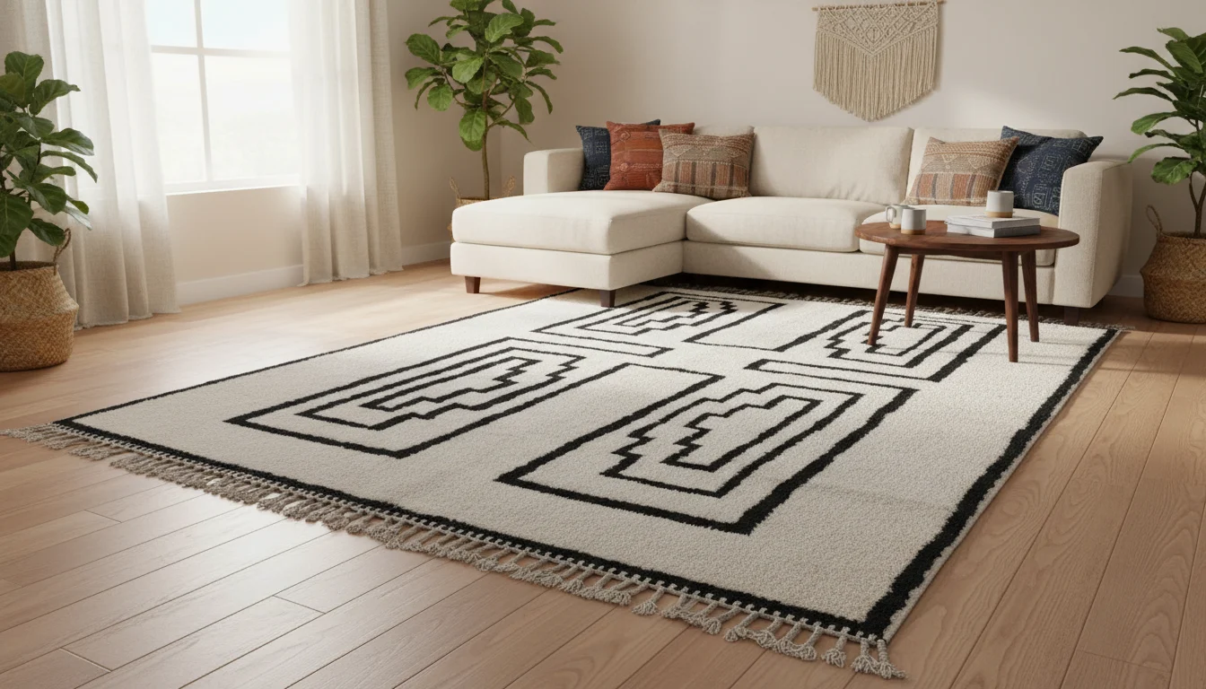 Ivory and black geometric rug in a bright room with a cream sectional sofa and plants.