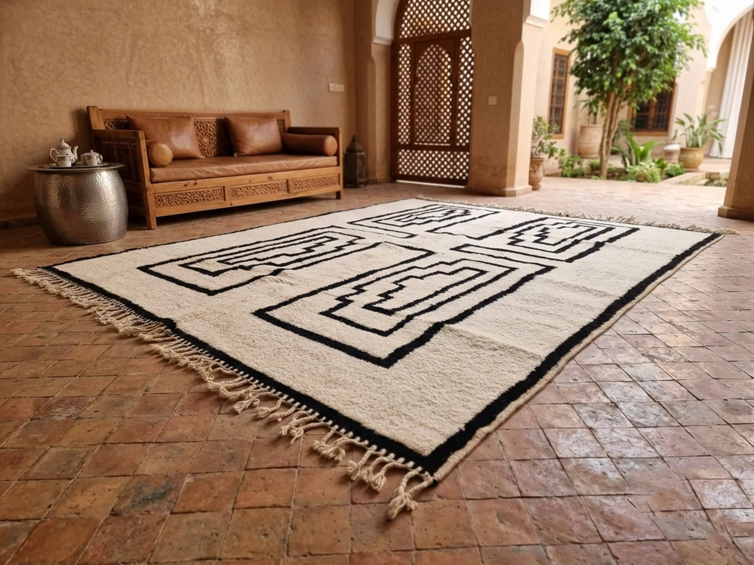 Ivory and black geometric rug on a brick-paved terrace with a leather sofa and potted trees.