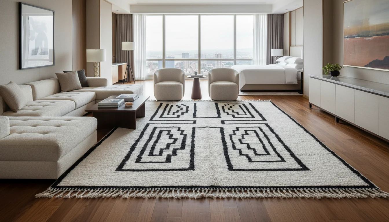 Ivory and black geometric rug in a high-rise living room with cream seating and a city view.