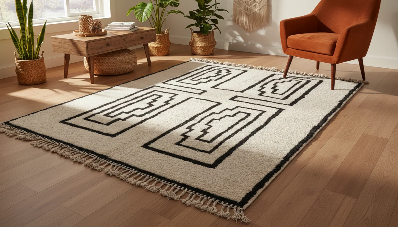 Ivory and black geometric rug on a wood floor with a rust orange armchair and plants.