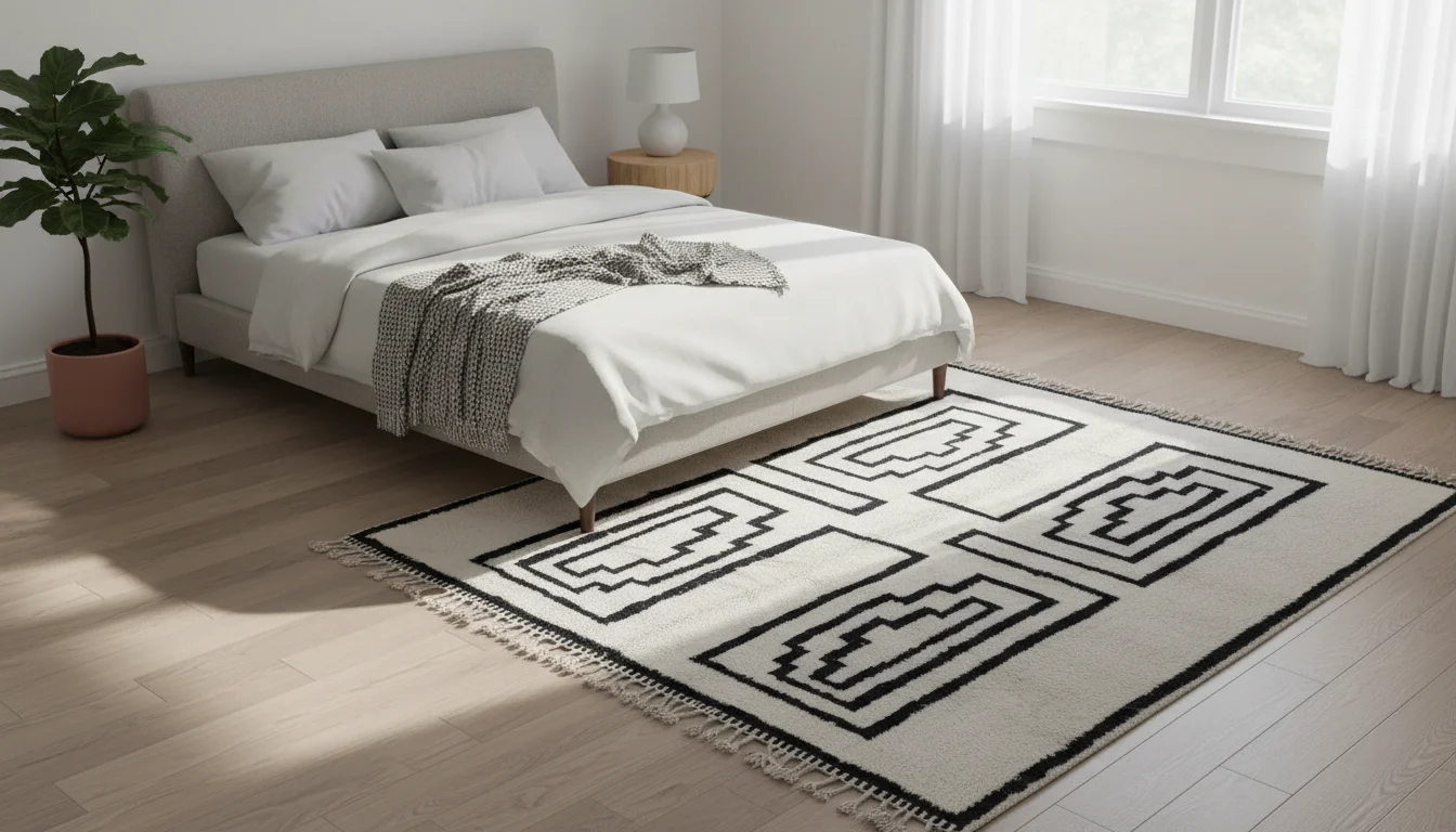 Ivory and black geometric rug beside a bed with white bedding in a light gray bedroom.