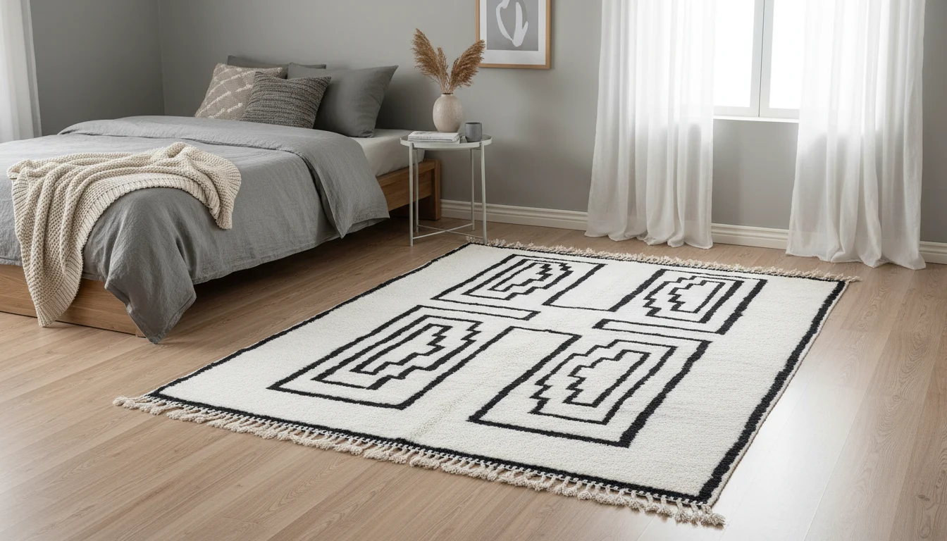 Ivory and black geometric rug on a wood floor at the foot of a bed with gray bedding.