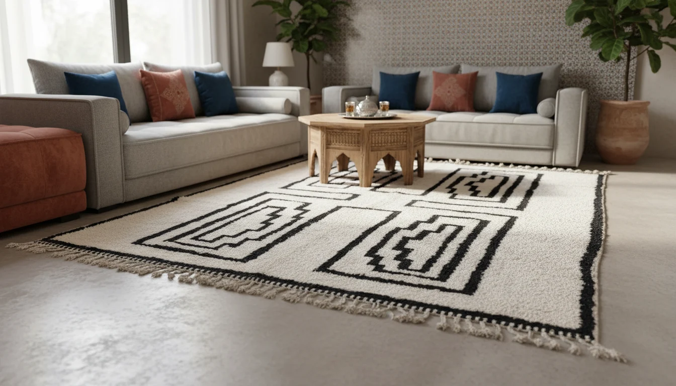 Ivory and black geometric rug in a room with gray sofas, blue and rust cushions and a carved wood table.