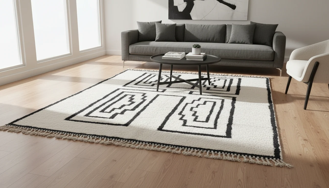 Ivory and black geometric rug under a round black table in front of a charcoal sofa.
