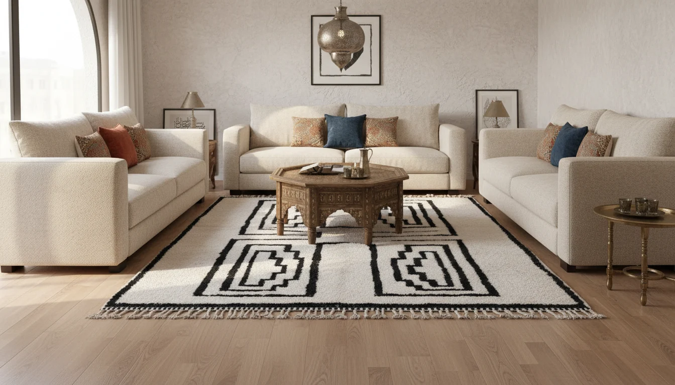Ivory and black geometric rug in a living room with cream sofas, a carved octagonal table and a brass lantern.