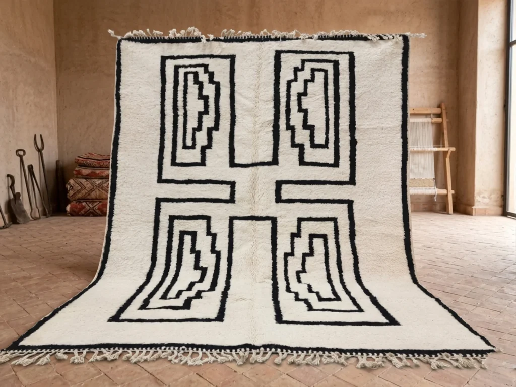 Tazrirt Moroccan Area Rug – Ivory with Black Nested Stepped Frames – Handmade Wool