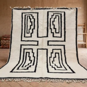 Tazrirt Moroccan Area Rug – Ivory with Black Nested Stepped Frames – Handmade Wool