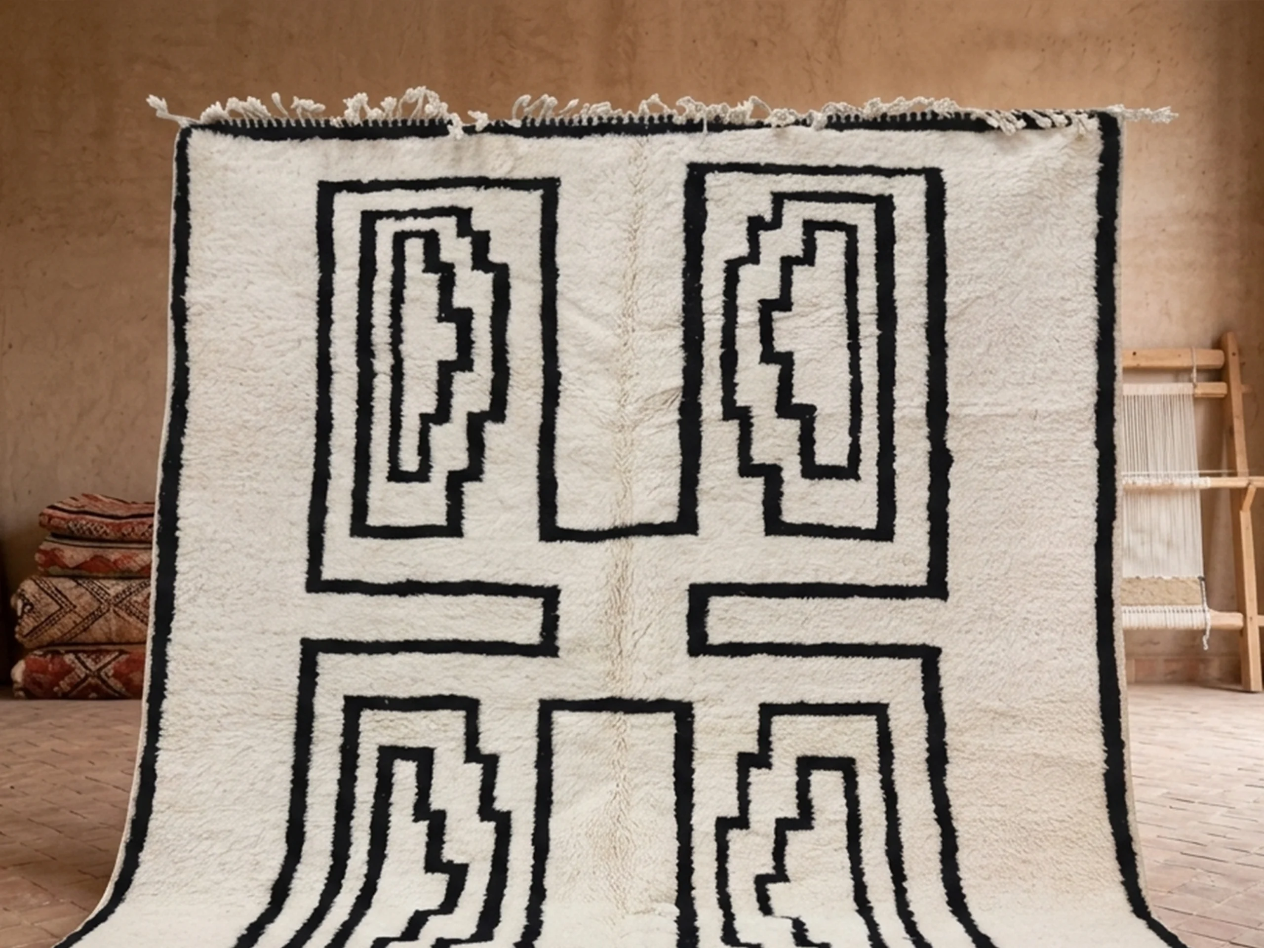 Upper half of the ivory and black rug hung on a wall, showing nested stepped outlines.