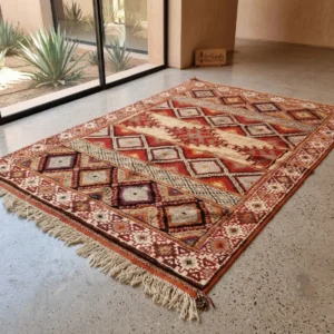 Tazrirt Moroccan Area Rug – Red & Ivory Diamond Bands with Star Border – Handmade Wool