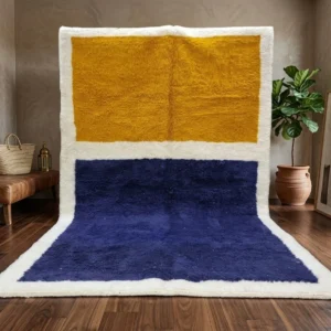 Tazrirt Moroccan Area Rug – Navy Blue & Mustard Yellow Color Block – Handmade Wool
