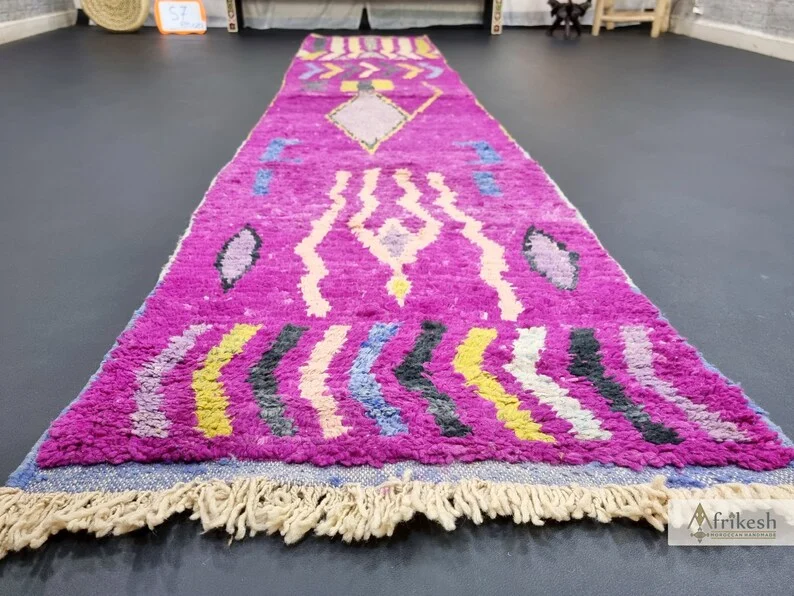 Tazrirt Moroccan Runner Rug – Magenta with Multicolor Chevrons – Handmade Wool