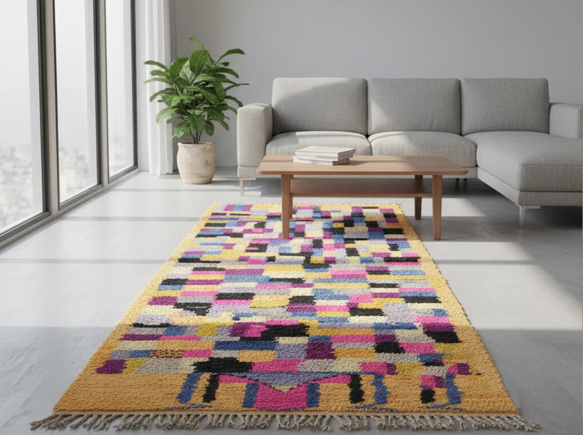 Multicolor patchwork runner under a wood coffee table in front of a pale gray sectional.