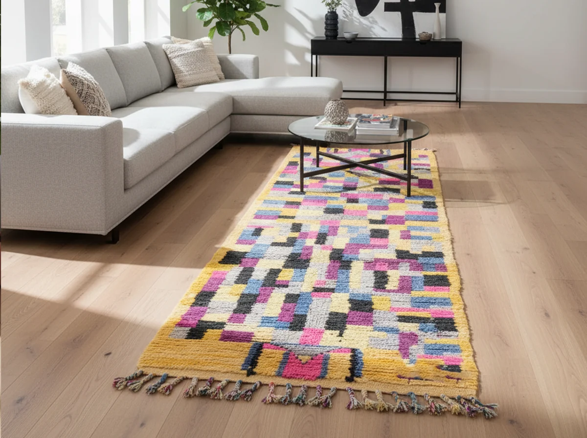 Multicolor patchwork runner beside a cream sectional sofa and a round glass coffee table.
