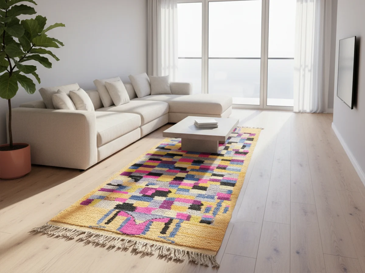 Multicolor patchwork runner on a pale wood floor in front of a cream sectional in a bright room.