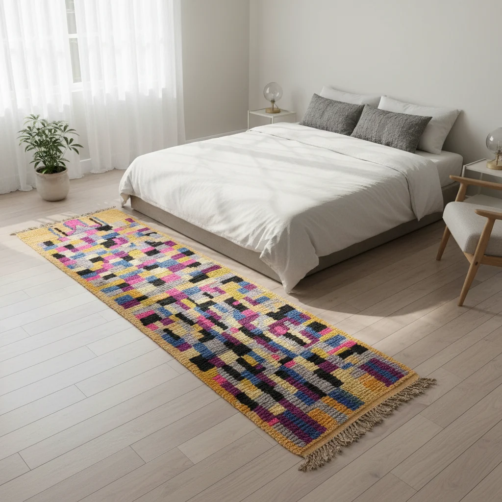 Multicolor patchwork runner on a pale floor beside a bed with white bedding.