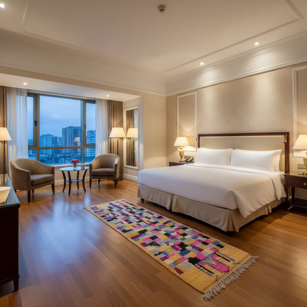 Multicolor patchwork runner on a wood floor at the foot of a hotel-style bed.