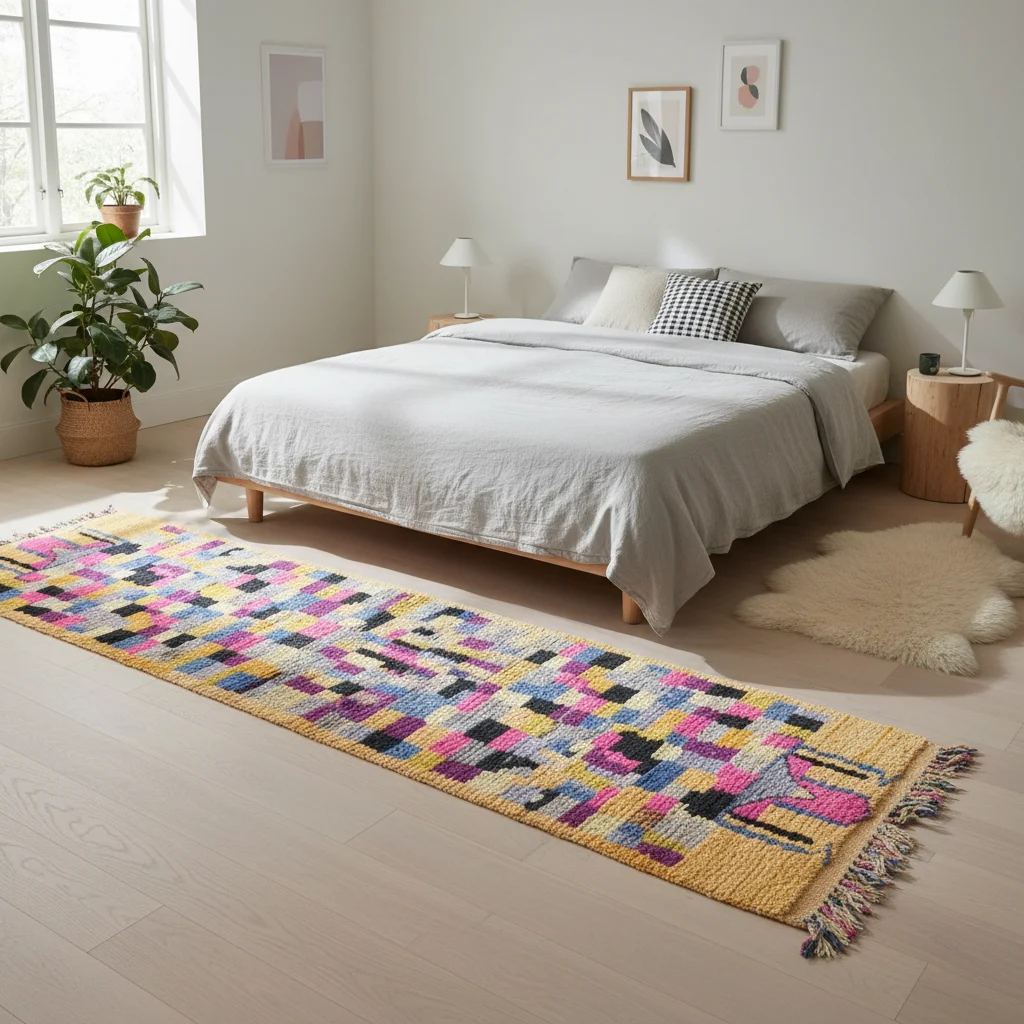 Multicolor patchwork runner on a pale floor beside a bed with gray linen bedding.