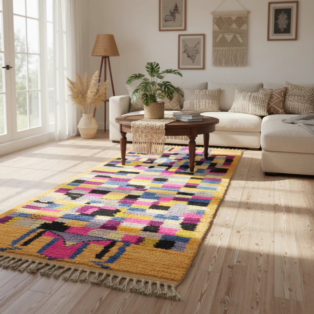 Multicolor patchwork runner in a living room with a cream sofa, a round wood table and woven wall art.