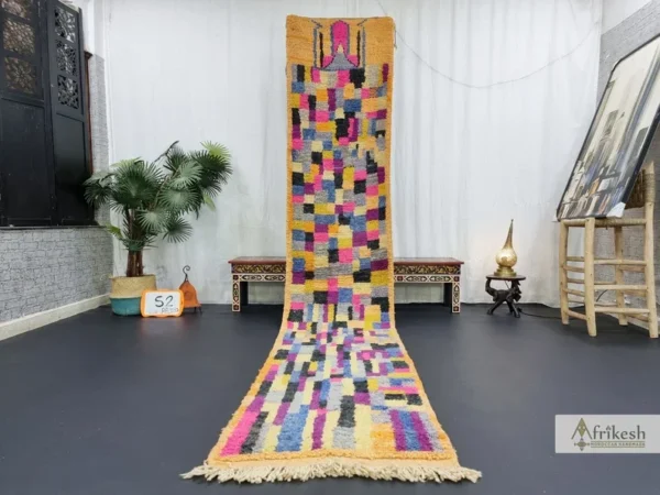 Tazrirt Moroccan Runner Rug – Multicolor Patchwork Blocks on Apricot – Handmade Wool