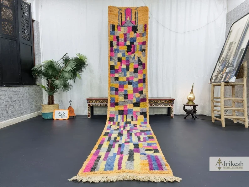 Tazrirt Moroccan Runner Rug – Multicolor Patchwork Blocks on Apricot – Handmade Wool