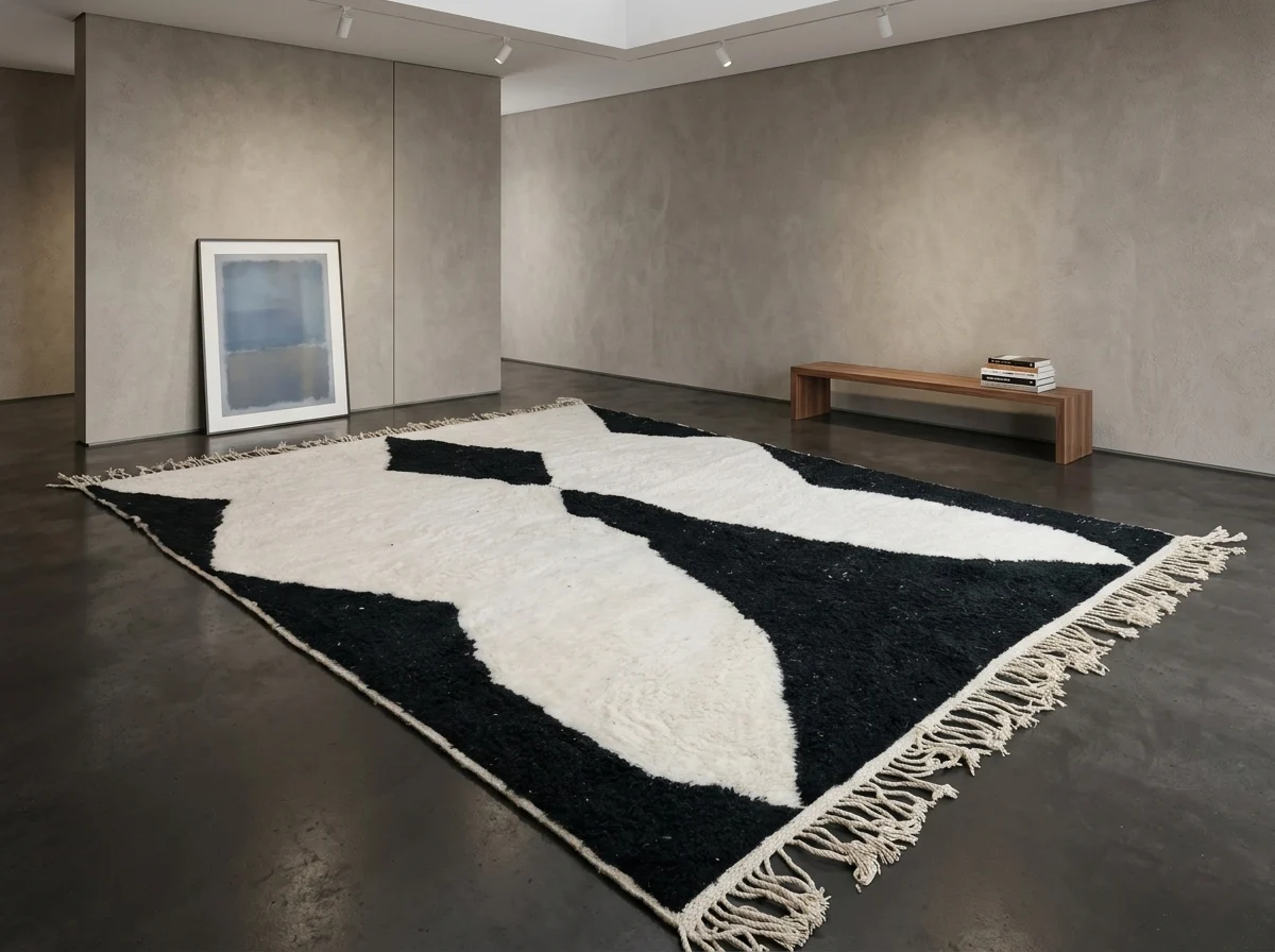 Black and ivory diamond rug on a dark concrete floor in a gallery-like room with a low wood bench.